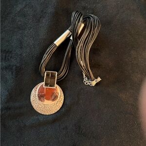 Multi-Strand Black Cord Necklace with Pendant and Silver Accents